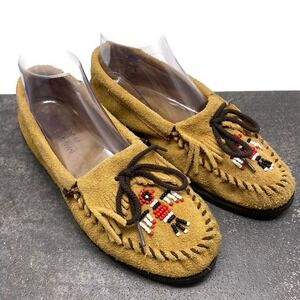 Minnetonka Thunderbird Women's US 10 Tan Suede Leather Fringed Beaded Moccasins